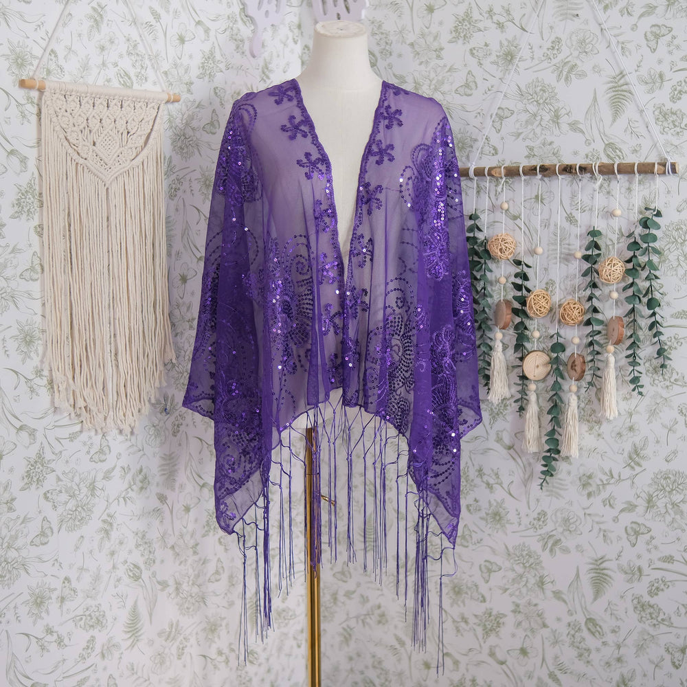 Sequin Embroidered Lace Fringe Shawl