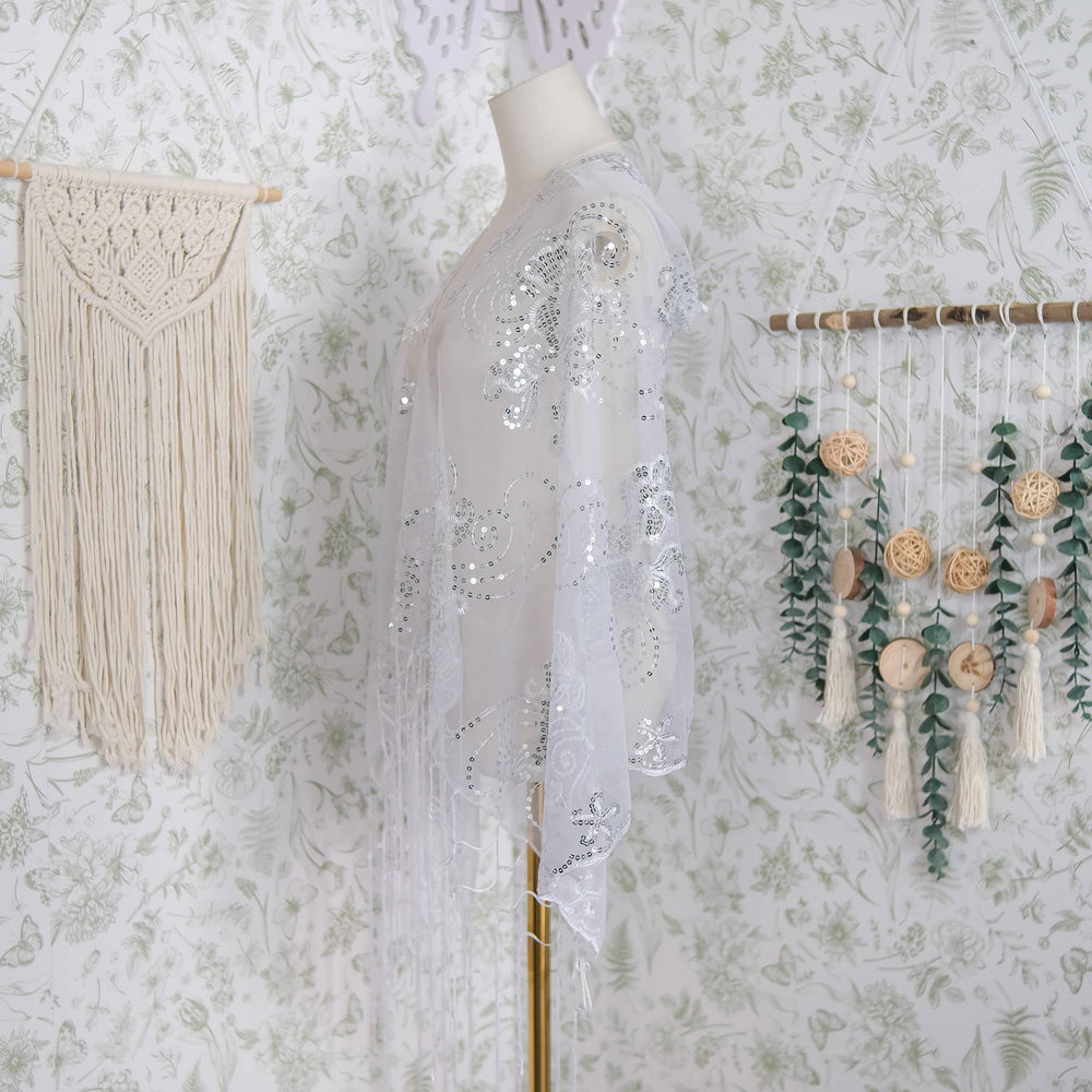 Sequin Embroidered Lace Fringe Shawl