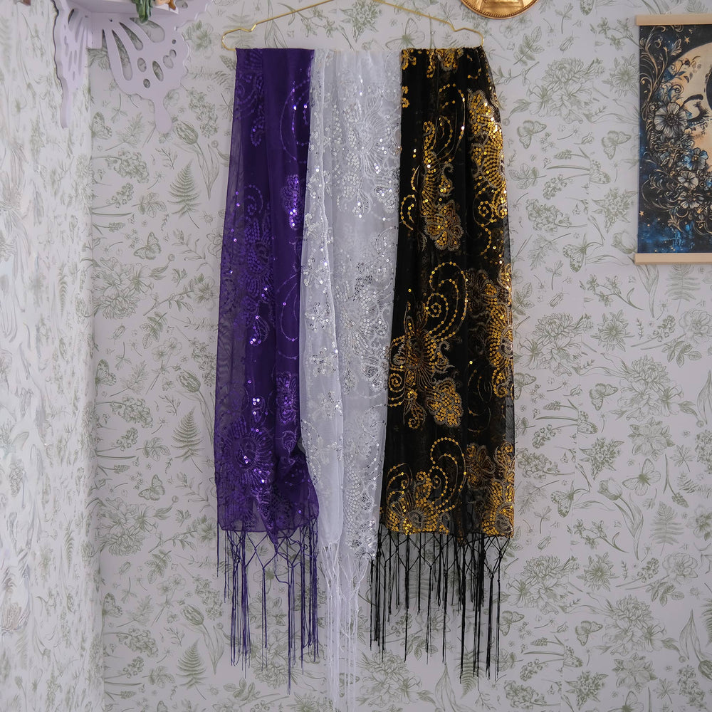 Sequin Embroidered Lace Fringe Shawl