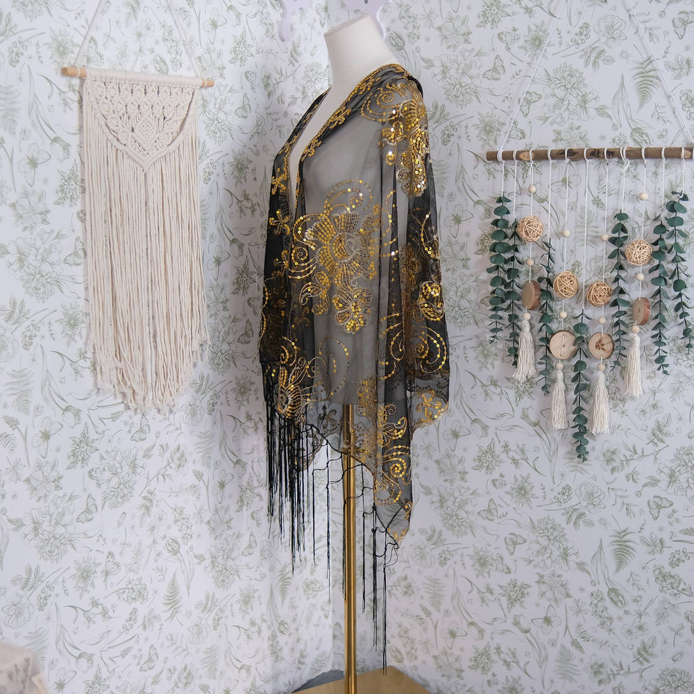 Sequin Embroidered Lace Fringe Shawl