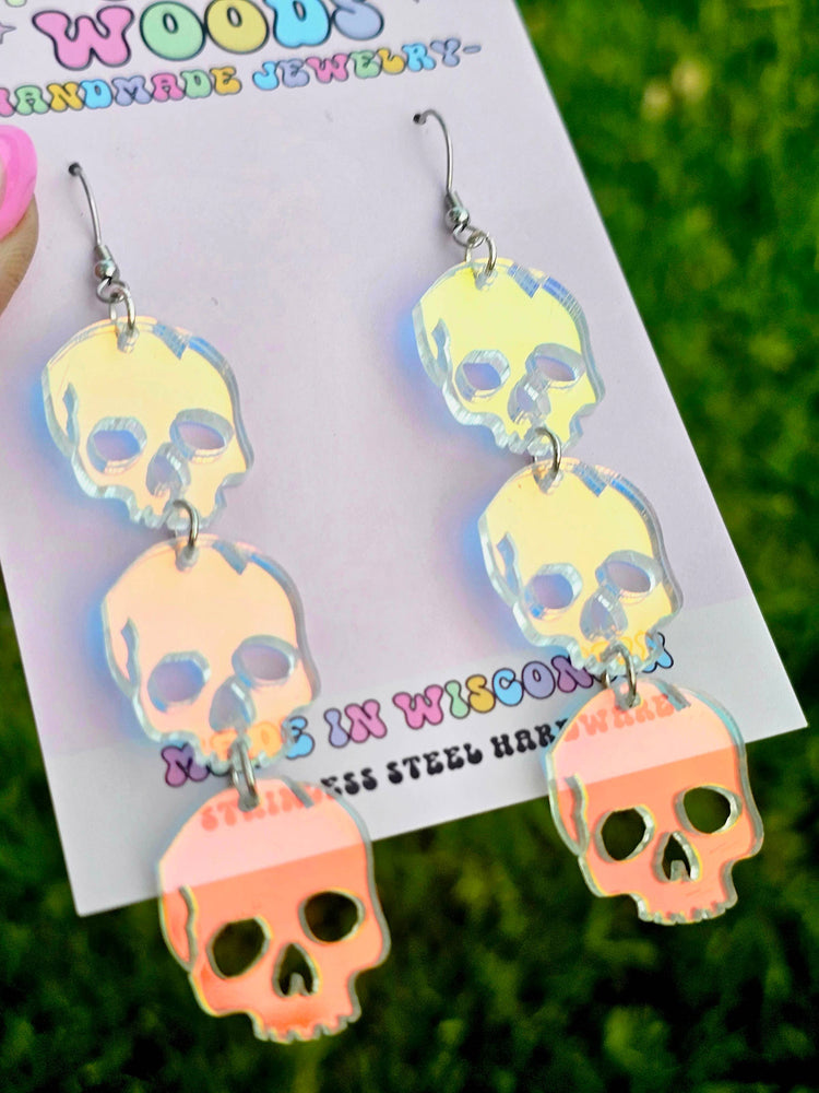 Triple Iridescent Skull Statement Earrings