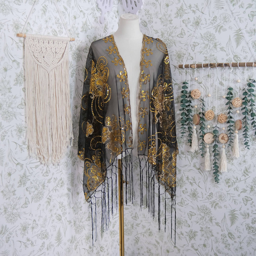 Sequin Embroidered Lace Fringe Shawl