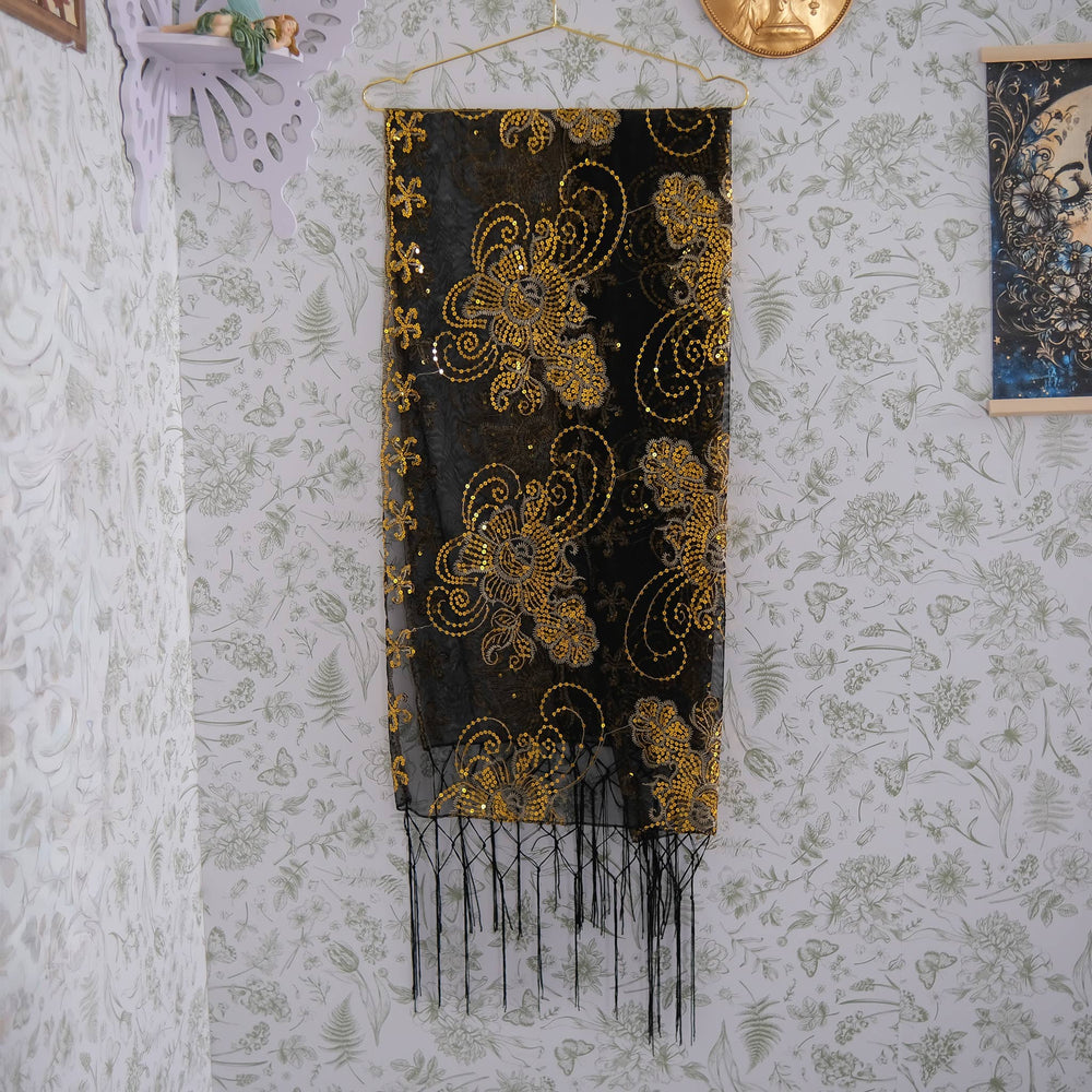 Sequin Embroidered Lace Fringe Shawl