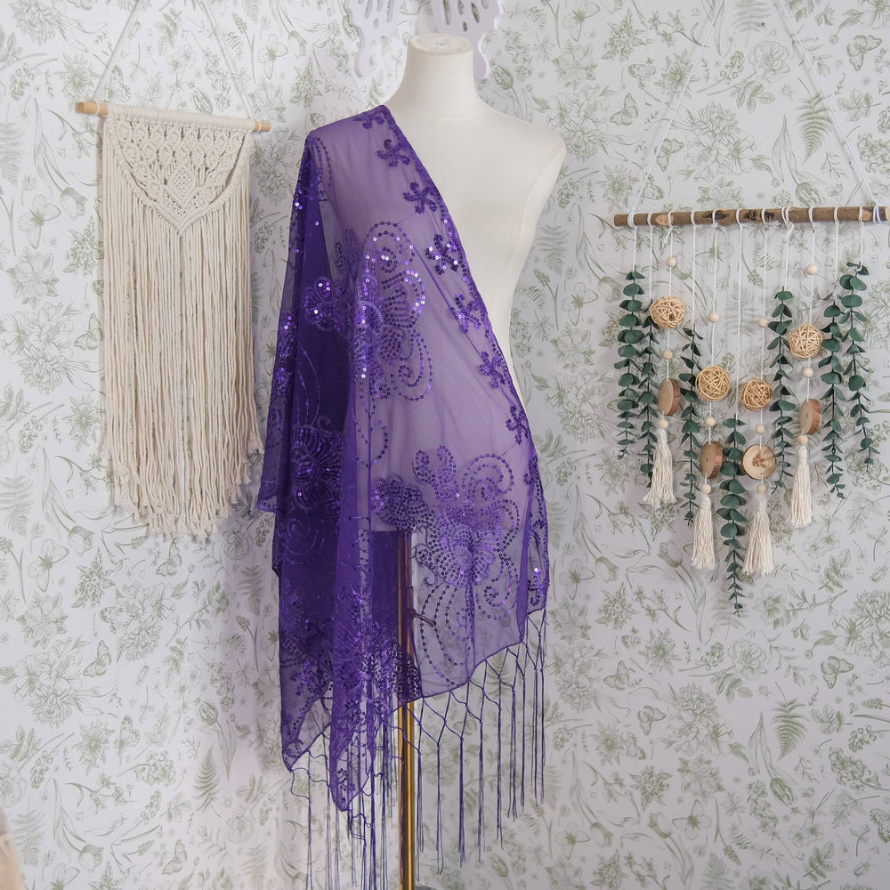 Sequin Embroidered Lace Fringe Shawl