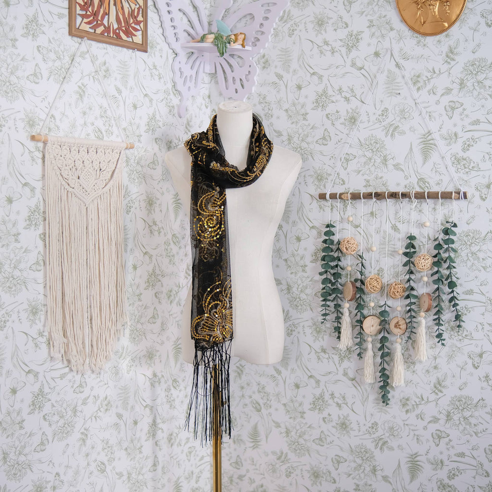 Sequin Embroidered Lace Fringe Shawl