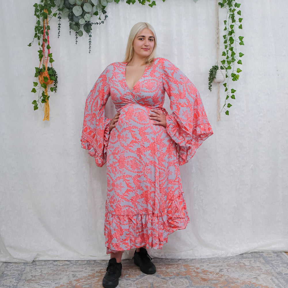 Boho Midi Wrap Dress with Ruffle Sleeve