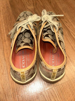 Coach Womens Sneakers Size 7.5 Khaki Canvas Tan Gold Stripes Casual Folly