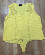Lane Bryant Top Womens 18 Yellow Crinkle Crochet Button Front Sleeveless Tie 