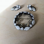 Juliana White Milk Glass Black Japanned Brooch Earrings Set Vintage 