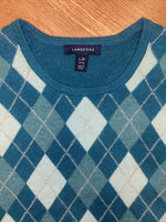 LANDS’ END Blue/Blue Argyle 100% Cashmere sweater Long Sleeve Large petite 