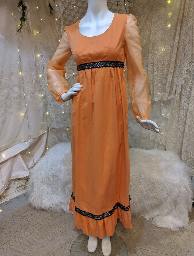 Vintage Dress Hippie Prairie Peasant Festival Boho Small orange cottage core 70s