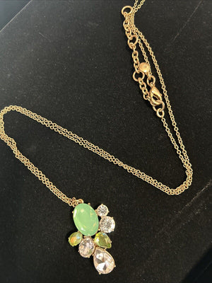 J. Crew Necklace Green Baguette Crystal Gold Tone Modern Jewelry 15in” Length