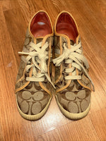 Coach Womens Sneakers Size 7.5 Khaki Canvas Tan Gold Stripes Casual Folly