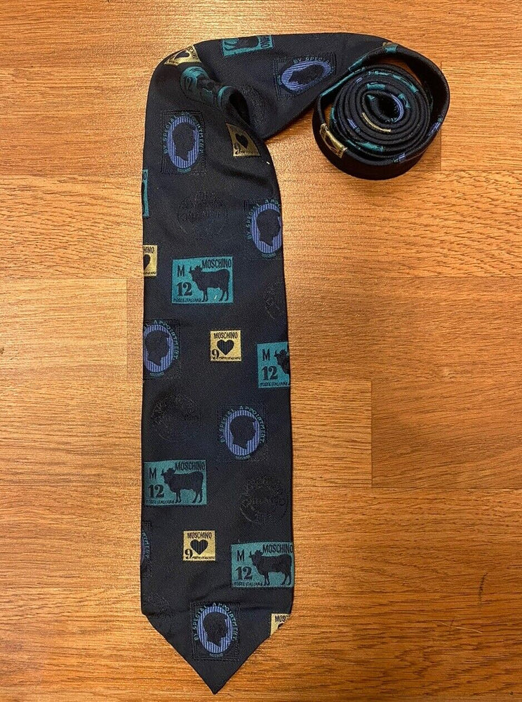 MOSCHINO Blue Multi Post Labels Print postage designer Tie ITALY MADE