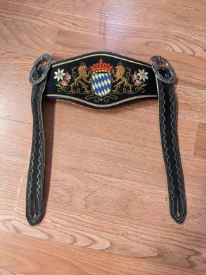 Vintage Leather Suspenders braces for Lederhosen Shorts Black w Buckles Crest 