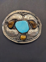 Vintage Western Style Silver Cats Eye Faux Turquoise LARGE Belt Buckle  4"x5" 