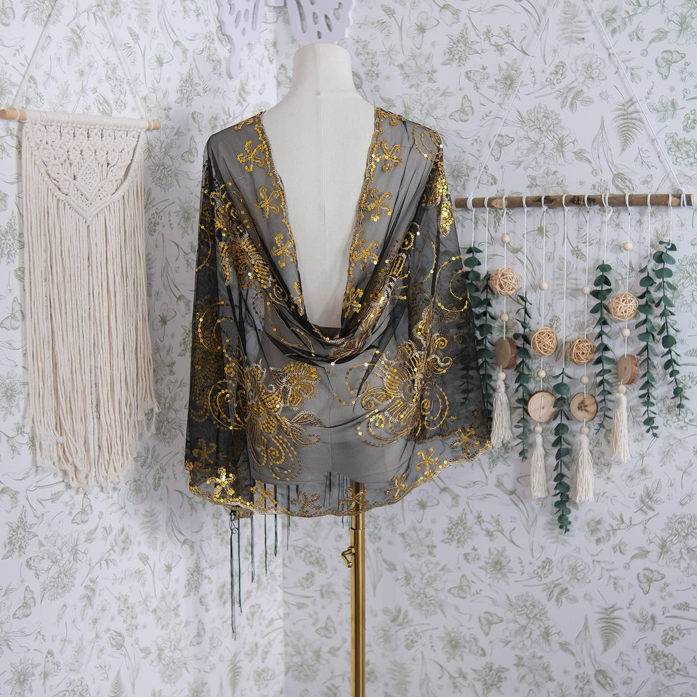 Sequin Embroidered Lace Fringe Shawl