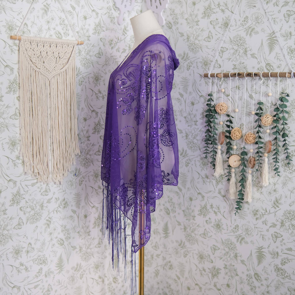 Sequin Embroidered Lace Fringe Shawl