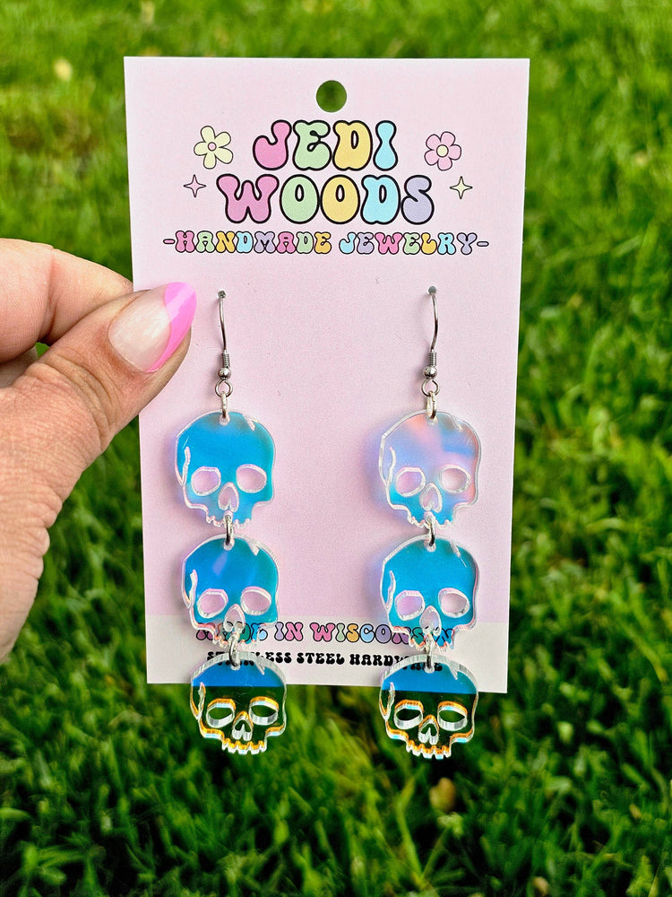 Triple Iridescent Skull Statement Earrings