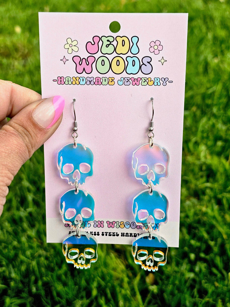 Triple Iridescent Skull Statement Earrings