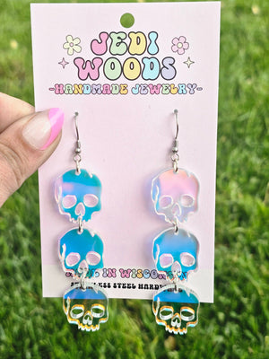 Triple Iridescent Skull Statement Earrings
