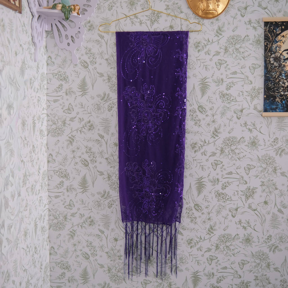 Sequin Embroidered Lace Fringe Shawl