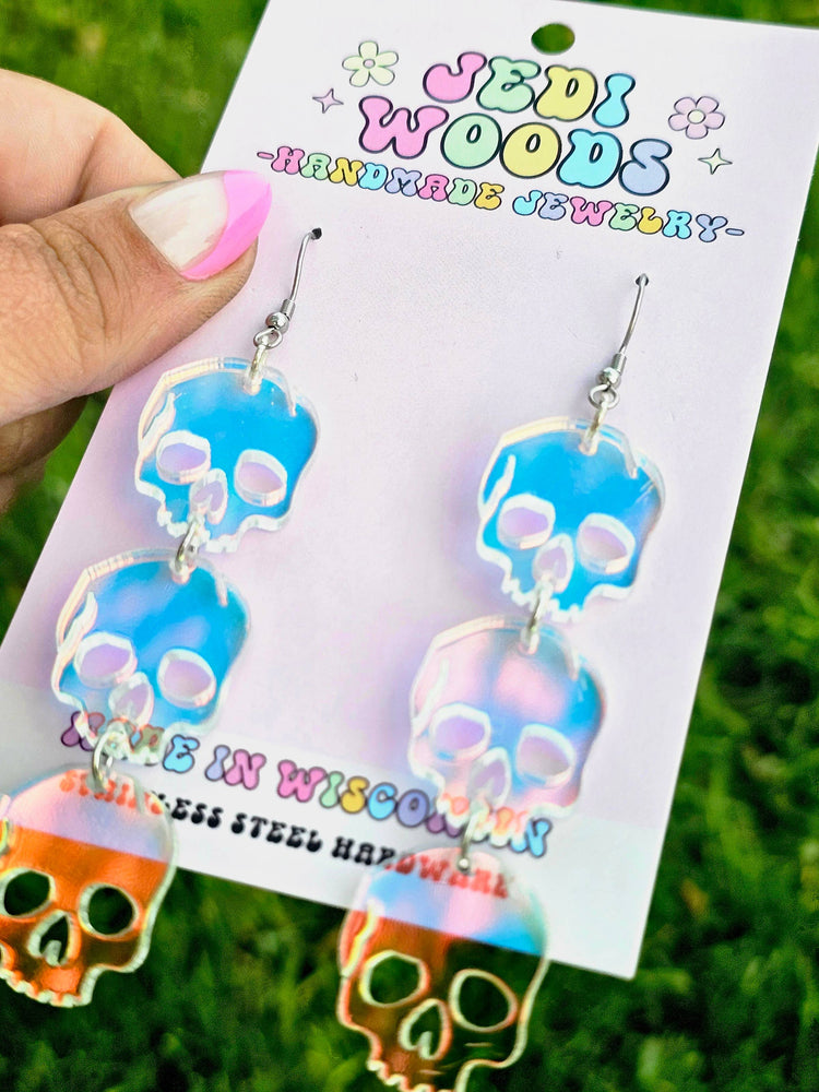 Triple Iridescent Skull Statement Earrings