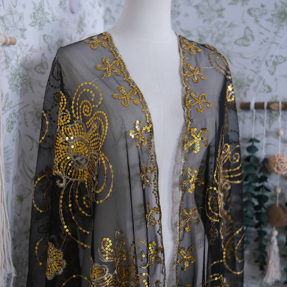 Sequin Embroidered Lace Fringe Shawl