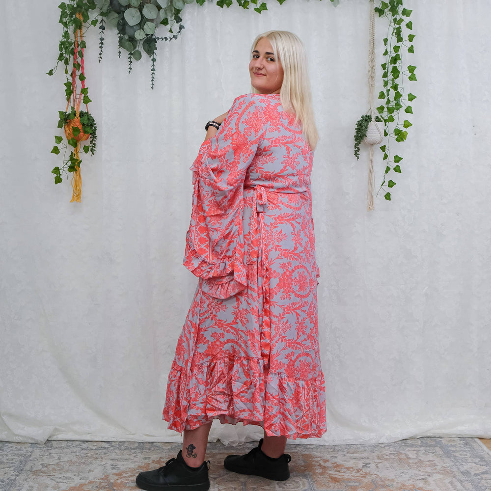 Boho Midi Wrap Dress with Ruffle Sleeve