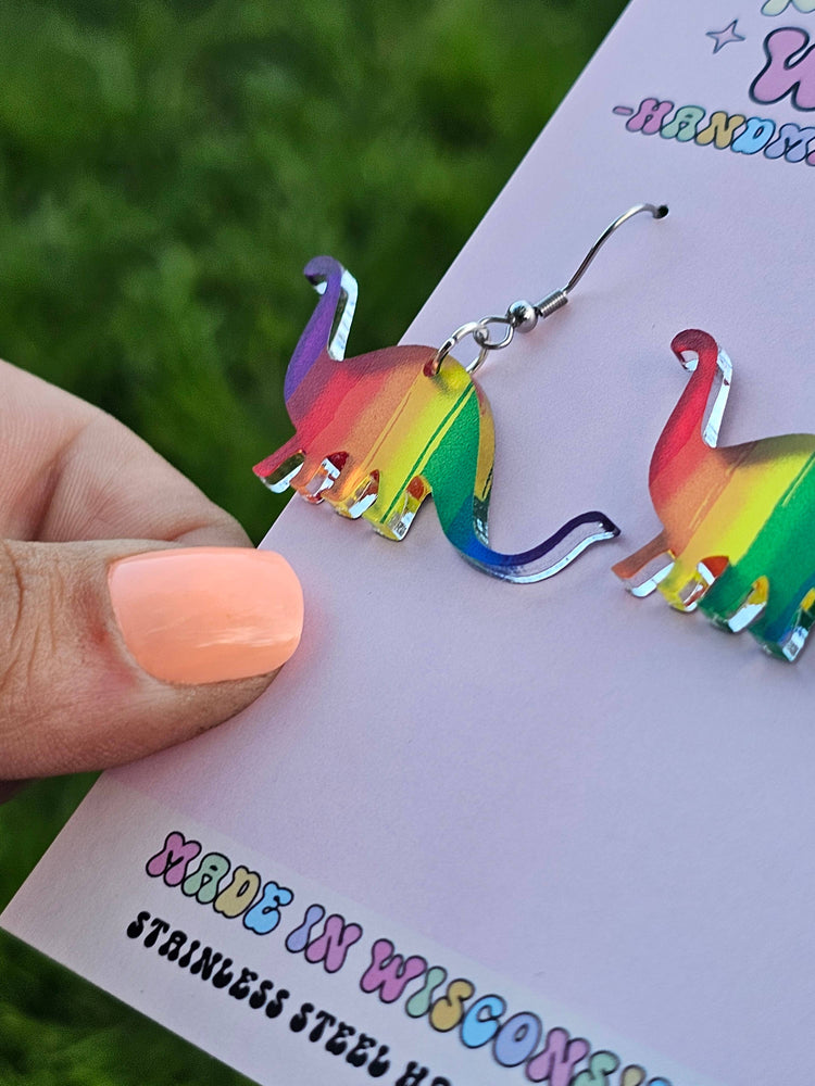 Rainbow Metallic Dinosaur Earrings