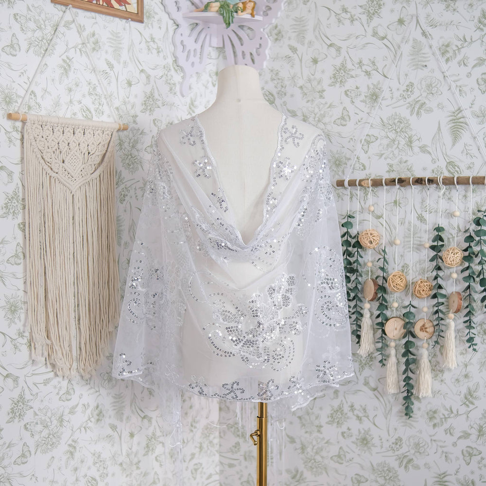 Sequin Embroidered Lace Fringe Shawl