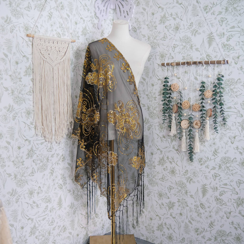 Sequin Embroidered Lace Fringe Shawl