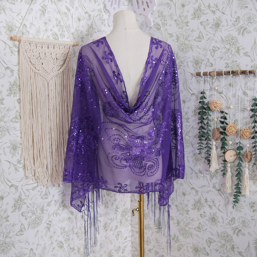 Sequin Embroidered Lace Fringe Shawl