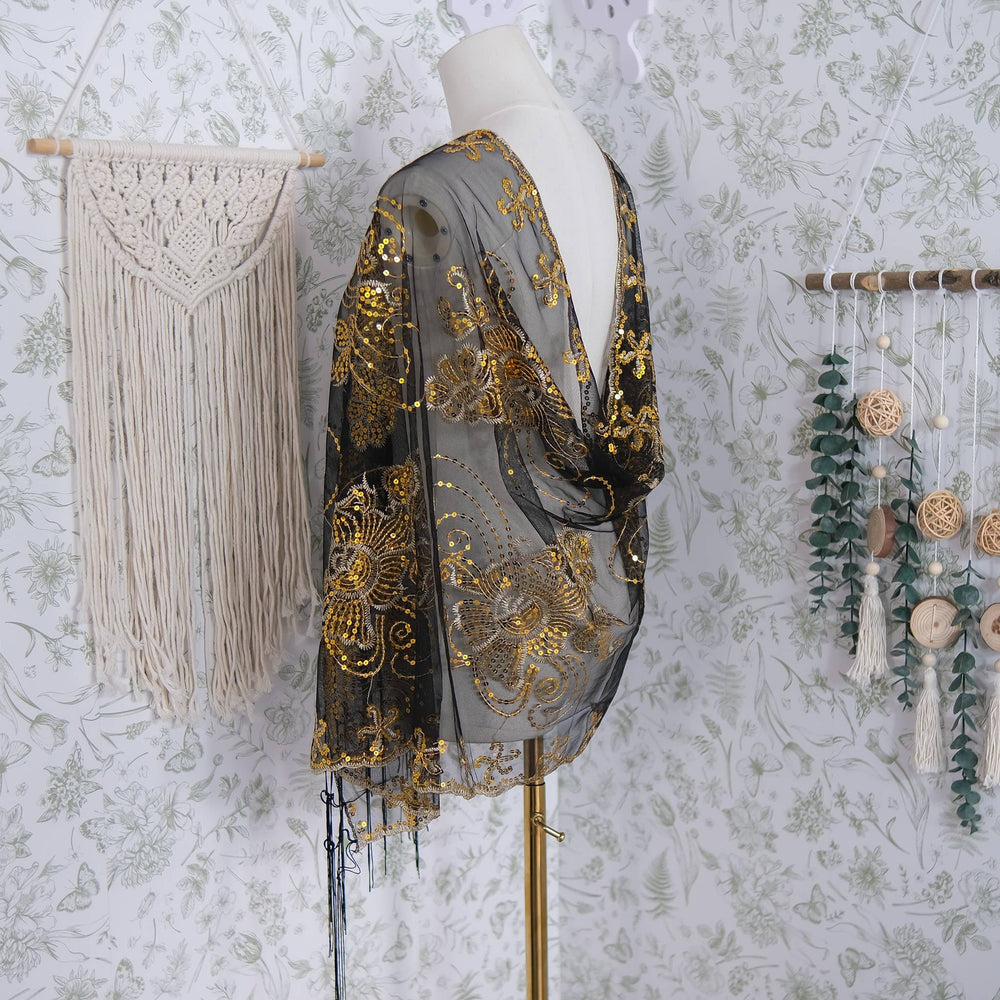 Sequin Embroidered Lace Fringe Shawl