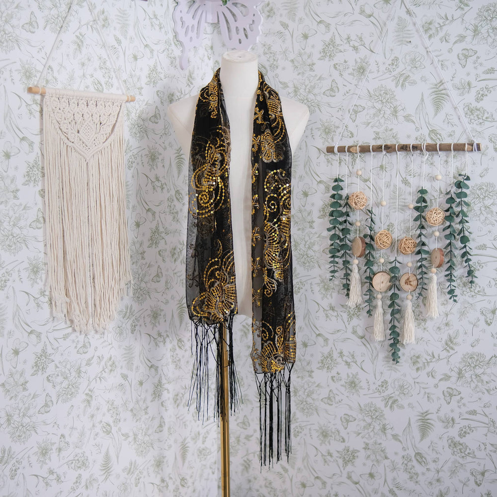 Sequin Embroidered Lace Fringe Shawl