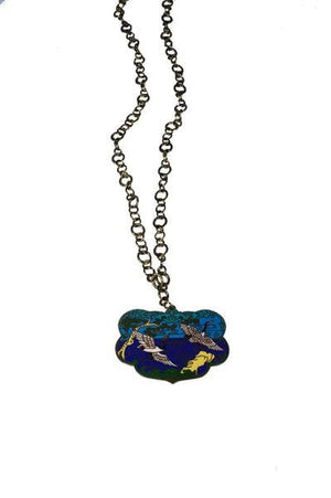 Vintage Cloisonné Pendant Necklace Birds Heron Wildlife Enamel