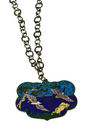 Vintage Cloisonné Pendant Necklace Birds Heron Wildlife Enamel