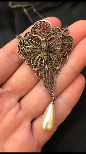 Art Deco 1930s Topazio Filigree Butterfly Necklace – Silver