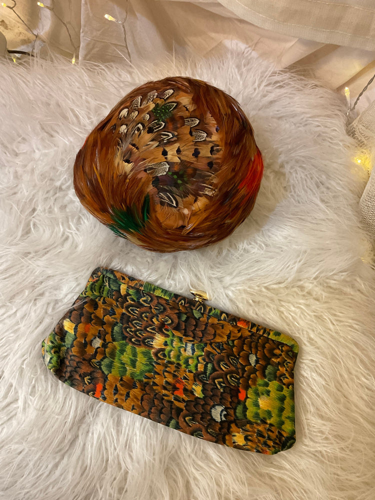 Two piece silk chiffon pheasant dress with matching purse and feather hat size medium