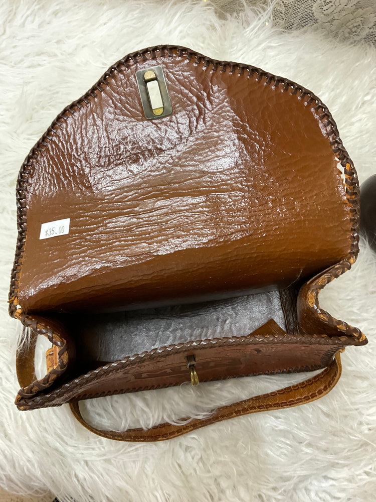 Vintage tooled leather crossbody purse with MLR initials