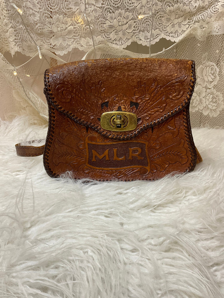 Vintage tooled leather crossbody purse with MLR initials