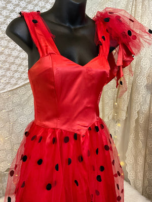 Red satin polka dot Gunne Sax Jessica McClintock 80s dress xxs (As is, some wear)