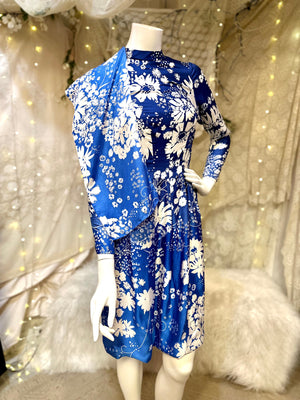 1950's/60's Midcentury Blue Ombré Satin Dress with Attached Scarf