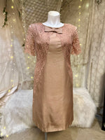 1960's Plus Size Taupe Raw Silk Dress with Blush Pink lace and Bow