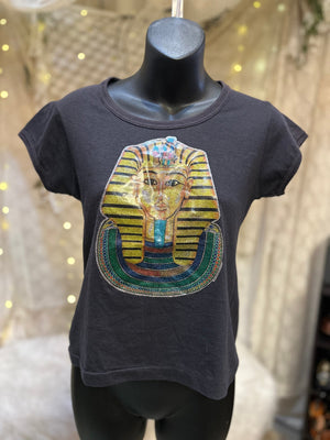 VTG 1970's Egyptian Pharaoh Glitter Heat Transfer Print Graphic Tee size small