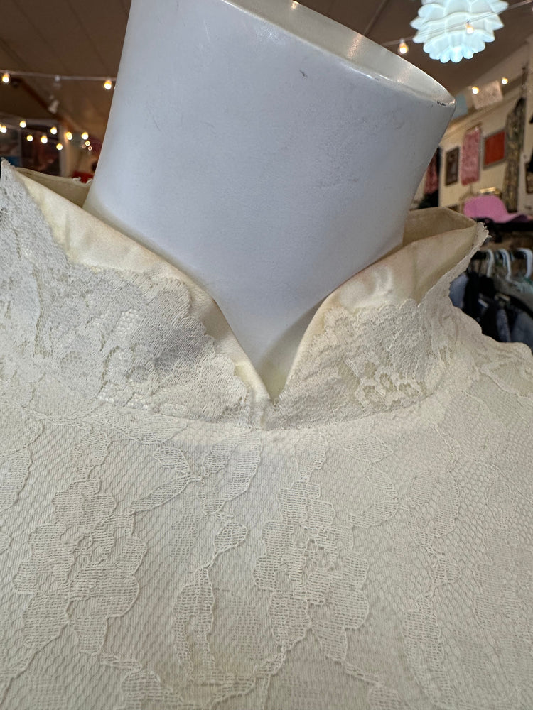 Vintage Lace Dress with Satin Panel Bishop Sleeves and Mandarin Collar