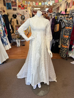 Vintage Lace Dress with Satin Panel Bishop Sleeves and Mandarin Collar