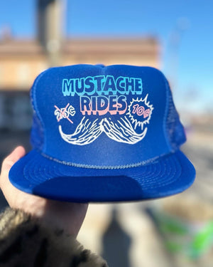 Mustache rides vintage trucker cap pink blue hat trans pride Transman Ftm