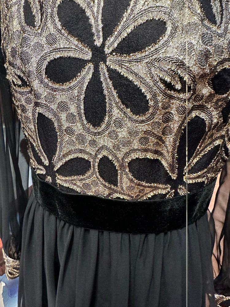 1970’s Black and Gold metallic Flower Maxi Dress