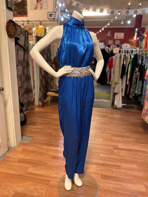 1980's Samantha Black Royal Blue Jumpsuit and Batwing Shrug.